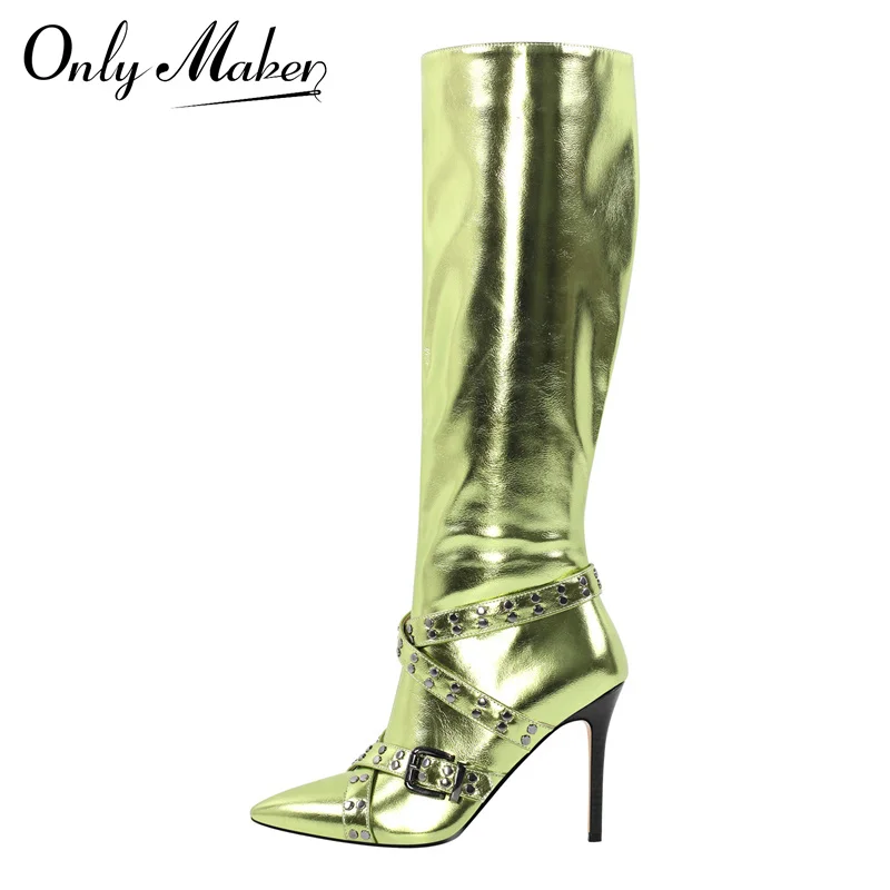 

Onlymaker Women Pointed Toe Green Knee High Boots Side Zipper Stiletto Fashion Handmade Thin Heel Boots