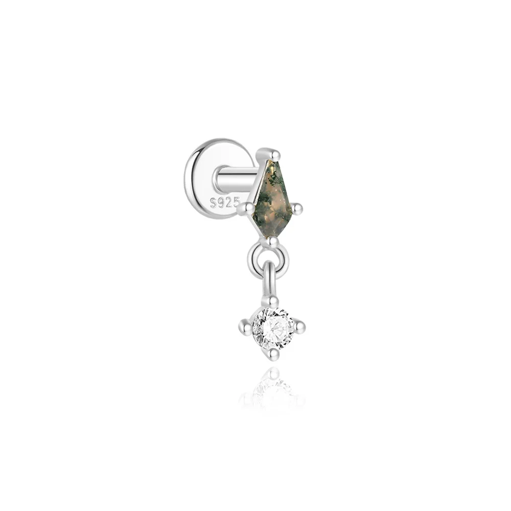 AIDE Wasser Gras Achat 925 Sterling Silber Flachkopf Faden Piercing Ohrring Grünes Moos Piercing Ohr Knochen Ohrring Schmuck 1 Stück