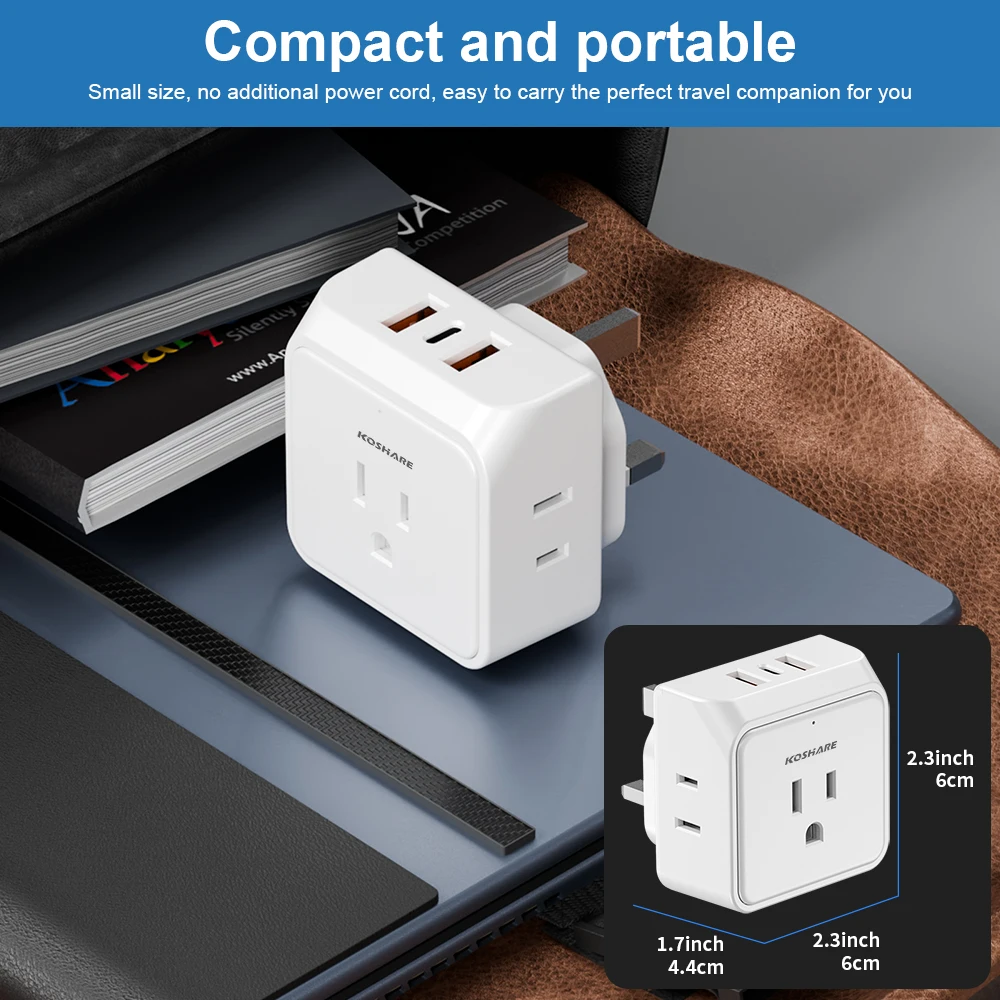 KOSHARE US to UK Plug Adapter Travel Plug Adapter, Ireland Scotland Dubai Power Adapter with 3 Outlets And 3 USB Ports