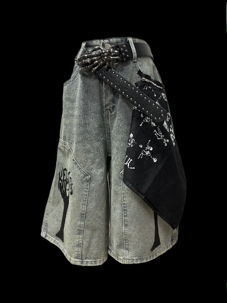 

Miub American Punk Sle Distred Denim orts для мужчин, летние нейтральные широкие брюки в стиле пэчворк, свободный крой l талии