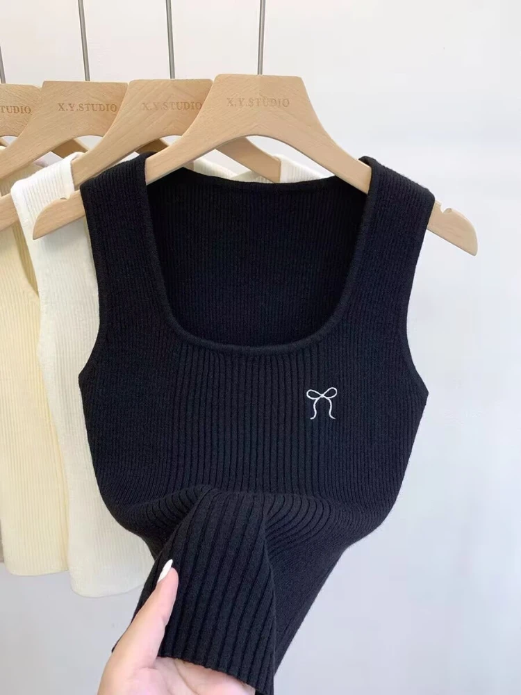 Summer Women's Casual Knitted Top Butterfly Knot Embroidered Tank Tops Square Neck Sleeveless Crop Tops Simple Base Layer Camis