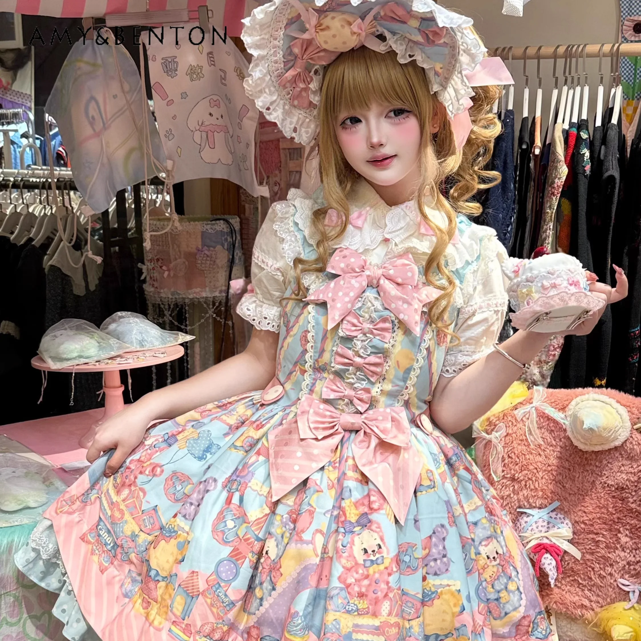 Abito da torta a righe con stampa cartoon Kawaii Lolita Abito da principessa con bretelle a vita alta con fiocco carino originale in pizzo