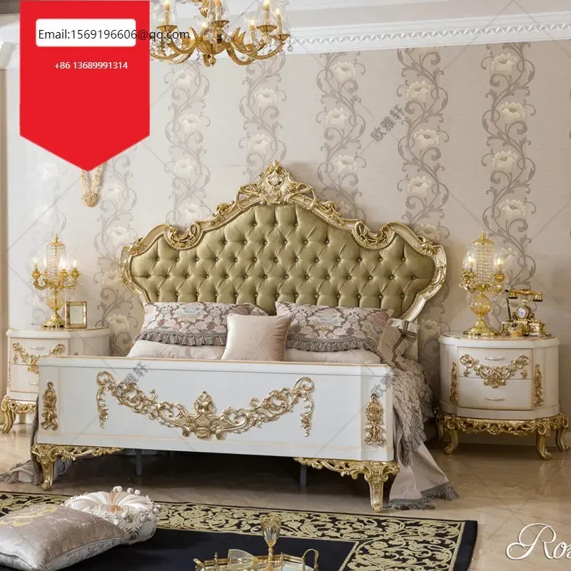 

Custom European solid wood carved gold double bed master bedroom French palace villa princess bed wedding bed