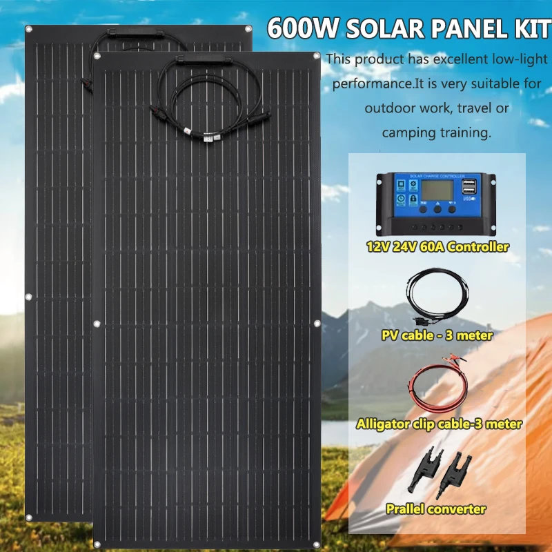 600W Solar Panel Kit Complete 18V Flexible Solar Plate Charging Outdoor Solar Cell For Home Yacht Motorhome Car RV Boat Camper