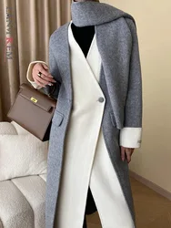 LANMREM Irregular Wool Coat Women Patchwork Mid Length Stitching Coats With Scarf Female Fashion Clothes 2024 Winter New 2DA2314