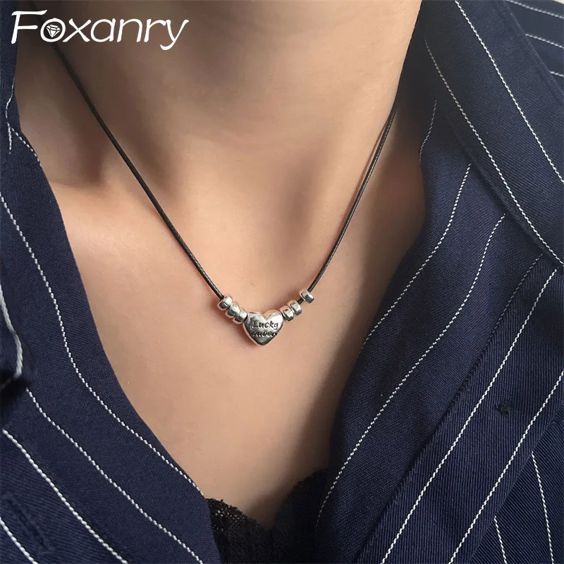 Foxanry Love Heart Geometric Letter Necklaces For Women Korean Fashion Simple Temperament Clavicle Chain Engagement Jewelry Gift