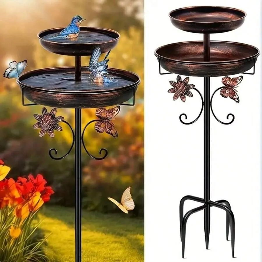 

【New Arrival】2-Tier Metal Bird Bath Outdoor Garden Bird Feeder with Sunflower Butterfly Decor Ground Stake for Yard