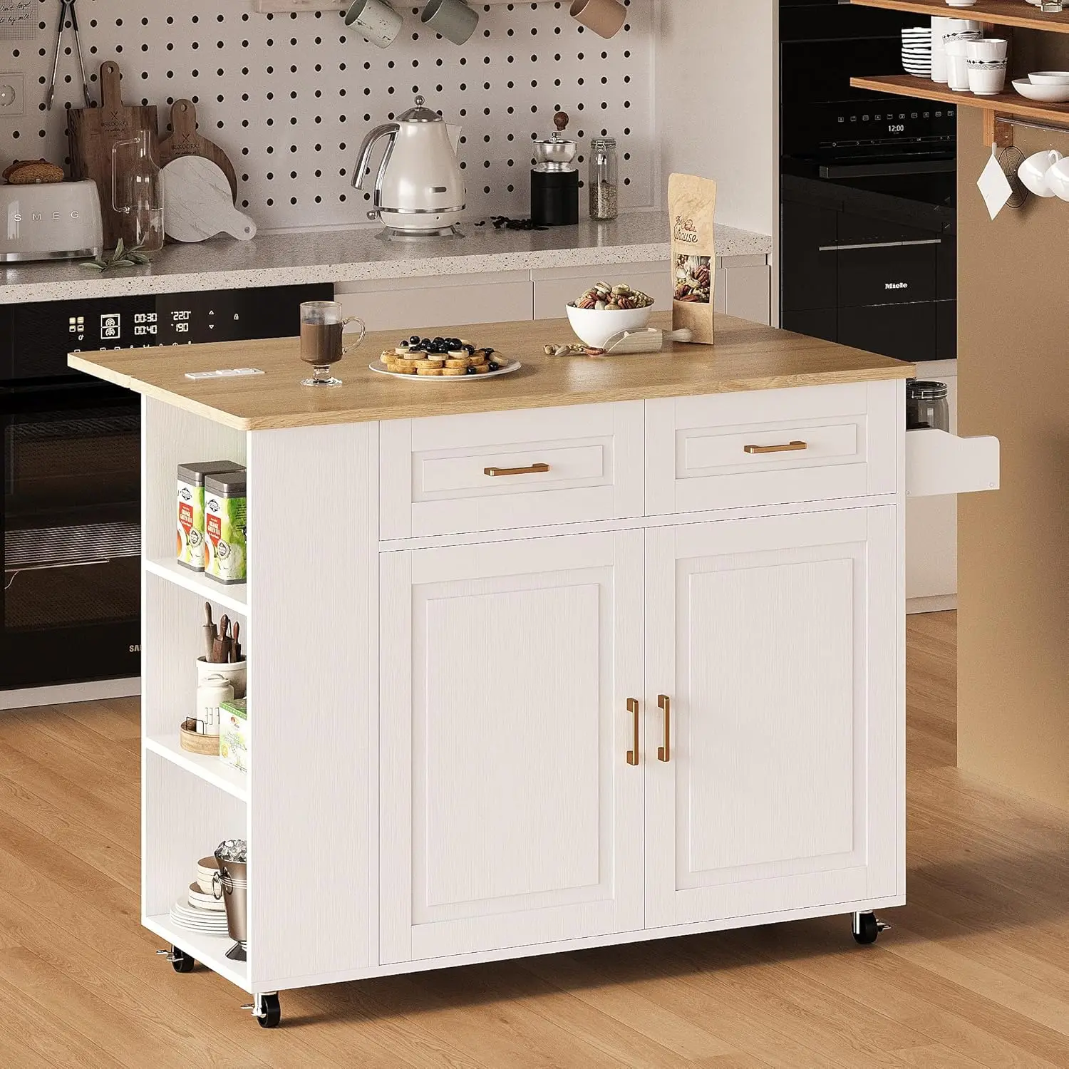 Rolling Kitchen Island with Storage, Kitchen Cart Cabinet with Drop-Leaf & Charging Station Drawer & Shelves & Spice Rack 47" W image 2
