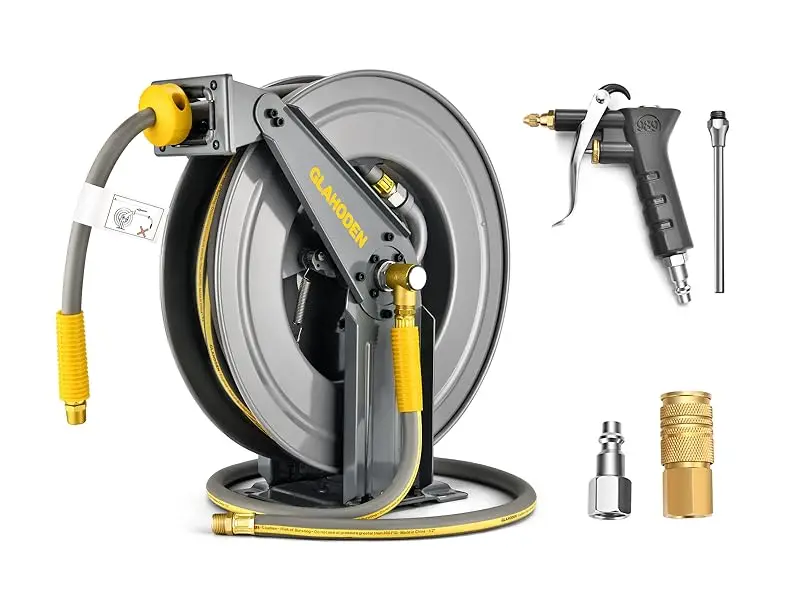 GLAHODEN Double Arm Air Hose Reel 50 ft Retractable, 1/2 in Hybrid Hose Heavy  Steel Professional Air Compressor Hose Reel