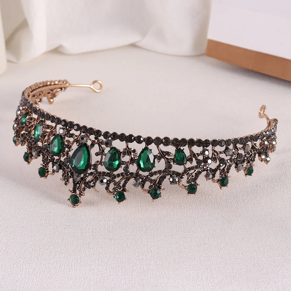 New Vintage Baroque Green Crystal Bridal Tiaras Headdress Rhinestone Pageant Diadem Party Wedding Crown Jewelry Hair Accessories