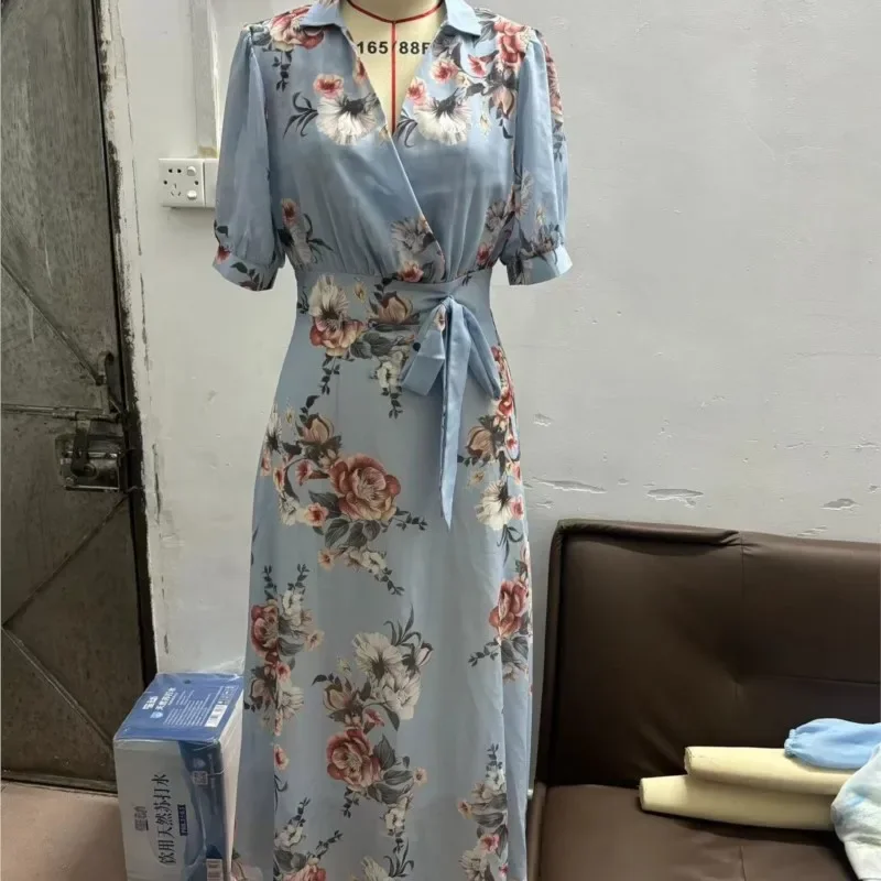 Robe Maxi en mousseline de soie pour femmes, col en v, à volants, manches courtes, taille serrée, ourlet taille haute, imprimé Floral doux, vêtements féminins