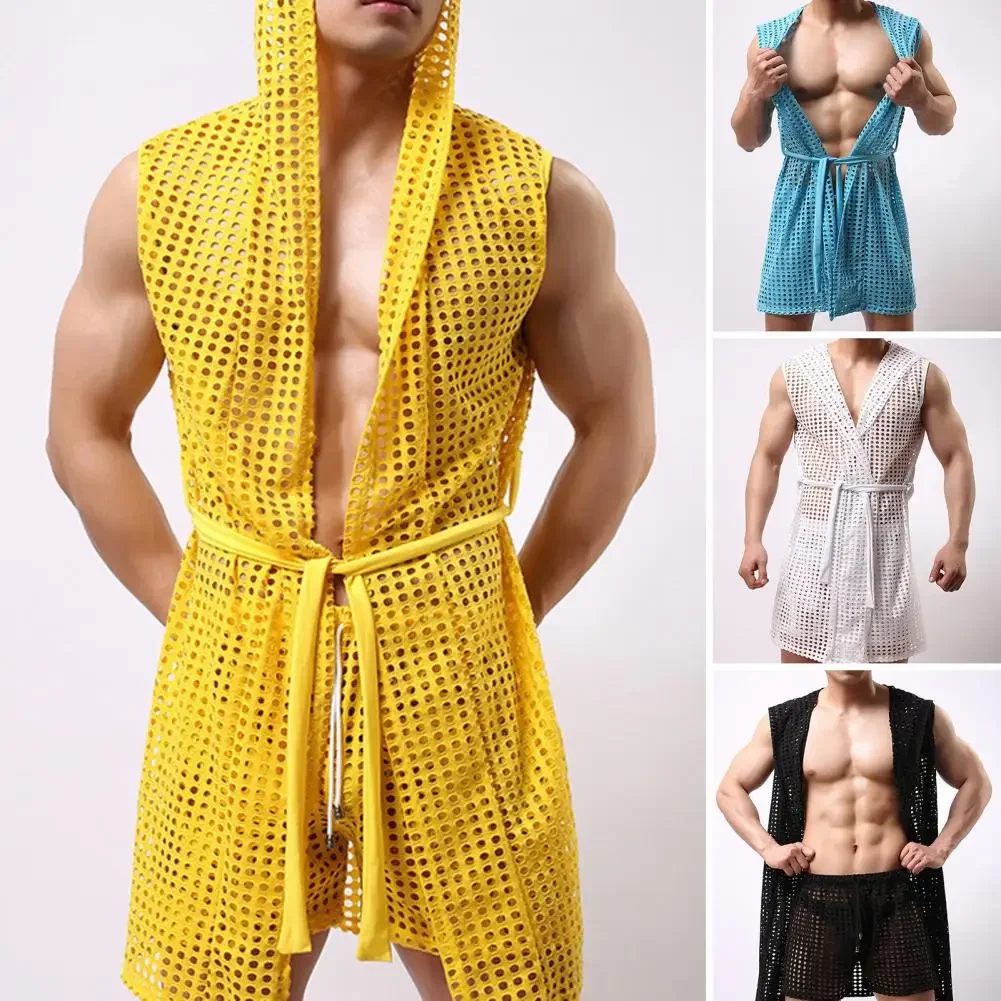 

Men Sexy Hooded Nightgown Sleeveless Hollow Out Mesh Summer Loungewear Lace-up Night Robe Homewear