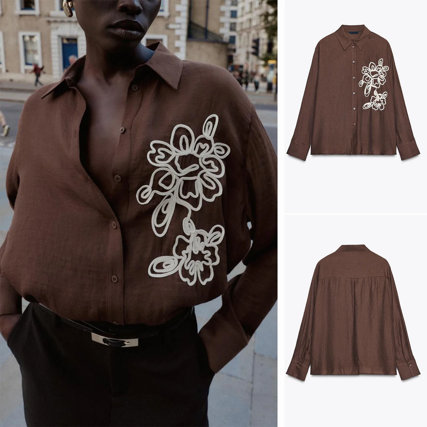 Nieuwe herfst dames lange Sve turn-down kraag bloementextuur irt casual Sle comfortabel ademend katoen polyester mix