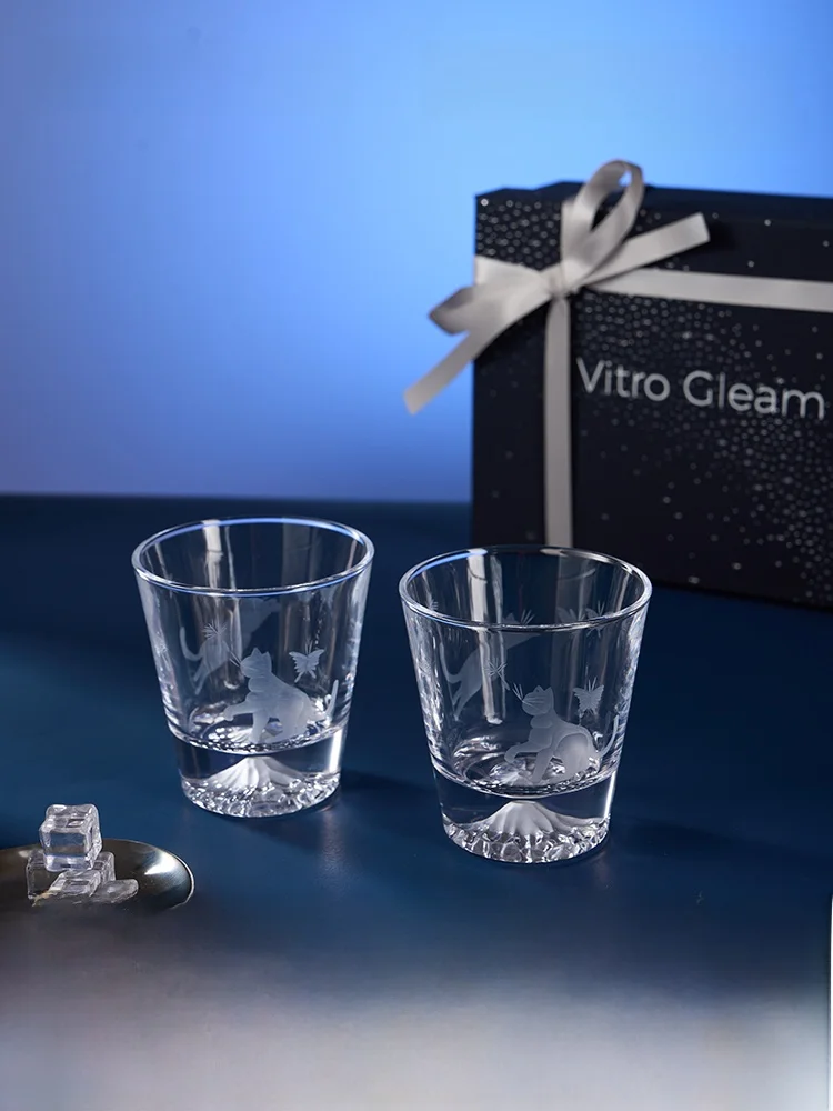 

VitroGleam Premium Whiskey Glass Gift Box Japanese Chidori Glass Men's High End Present Tea Cup under Mount Fuji Design