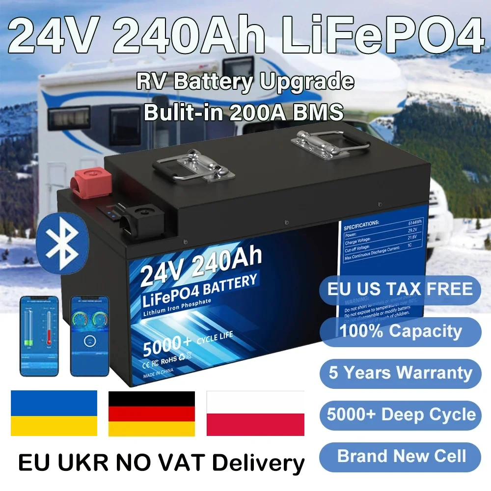 LiFePo4リチウムソーラーバッテリー,24V,100Ah,200Ah,240Ah,25.6V,Bluetooth BMS,グランドAセル,RVボート用6000サイクル