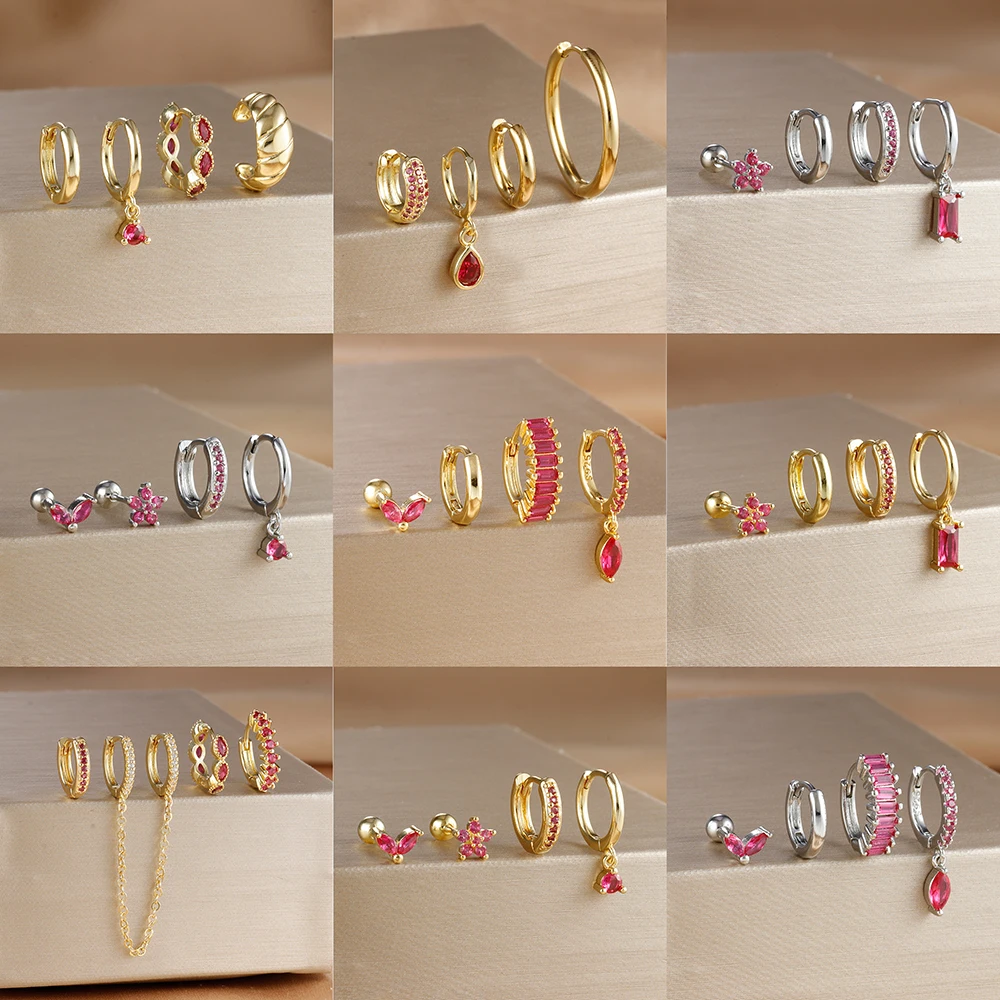 4PCS Rose Rot Zirkon Edelstahl Creolen Set für Frauen Anhänger Wasser Tropfen Ohrring Piercing Schmuck Geschenk