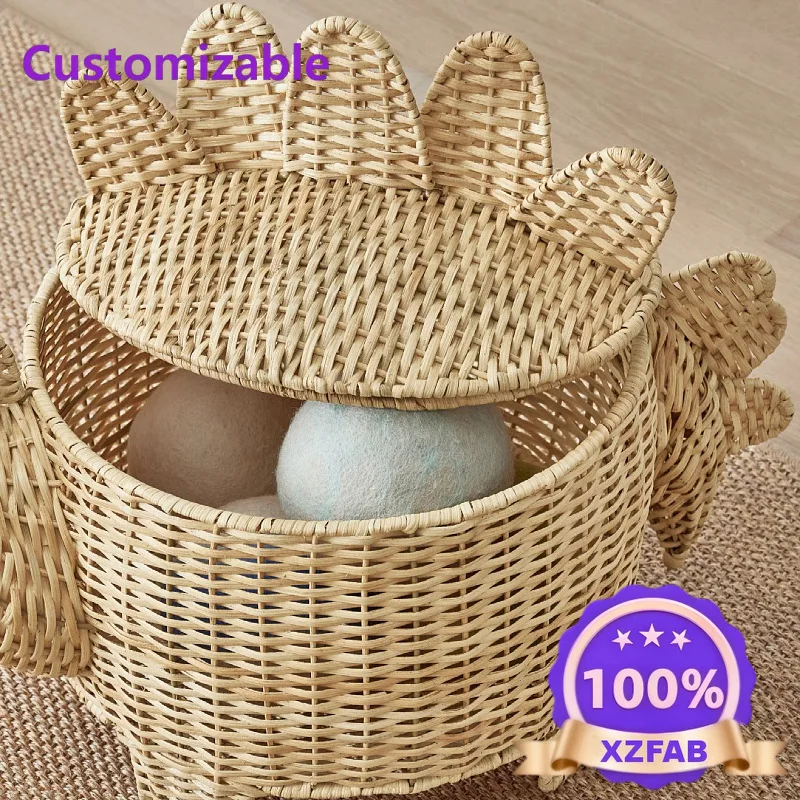 Factory Direct 2026 Nordic hand-woven basket rattan with lid cartoon storagebasket clothing toy storage box Indonesian
