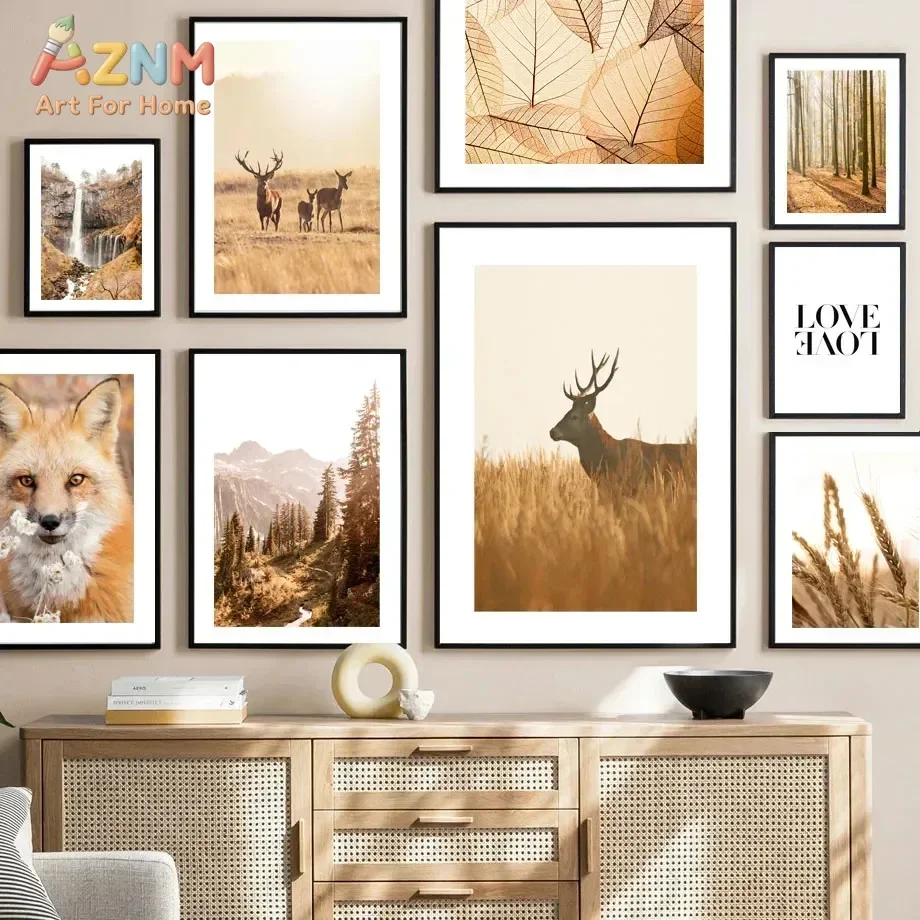 AZNM Autumn Deer Fox Wheat Waterfall Mountain Leaf Canvas Wall Art Wild Animal Nature Landscape Poster Print for Home Decor Unfr
