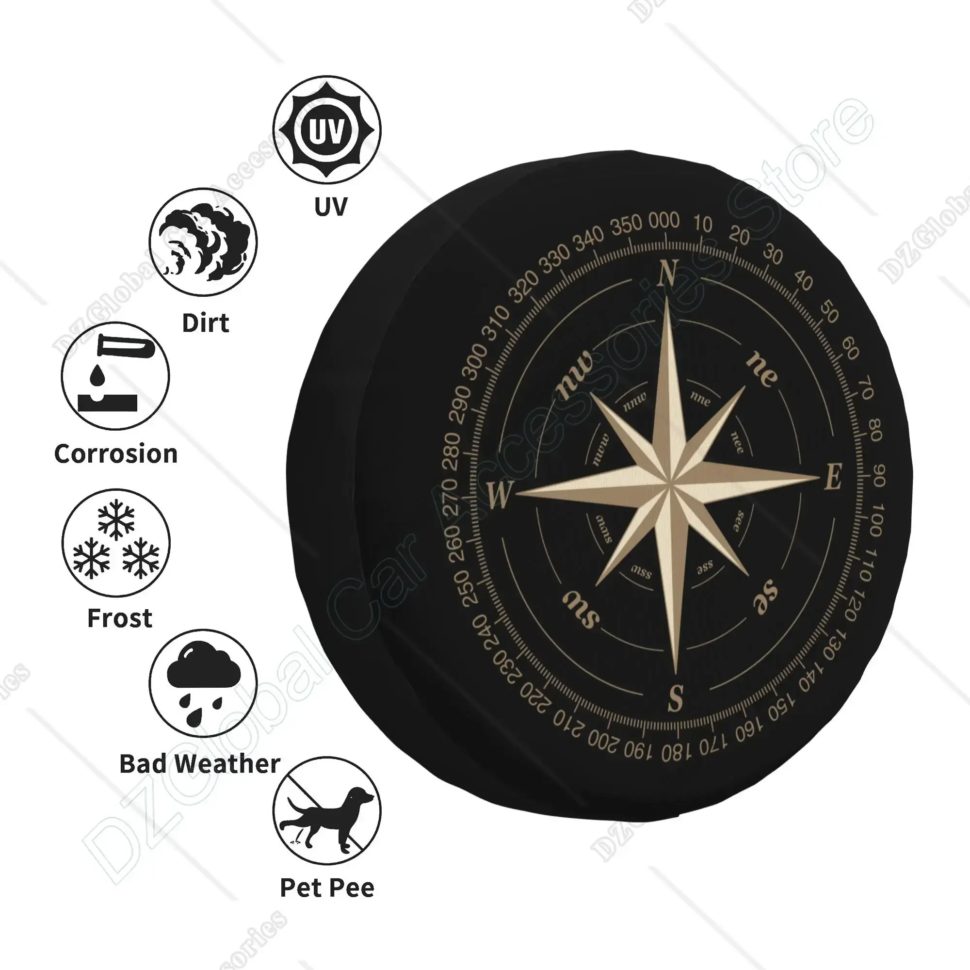 Compass Rose Black Spare Tire Cover UV Sun Wheel Covers Fit for Trailer RV SUV and Many Vehicle 14 Inch 15 Inch 16 Inch 17 Icnh