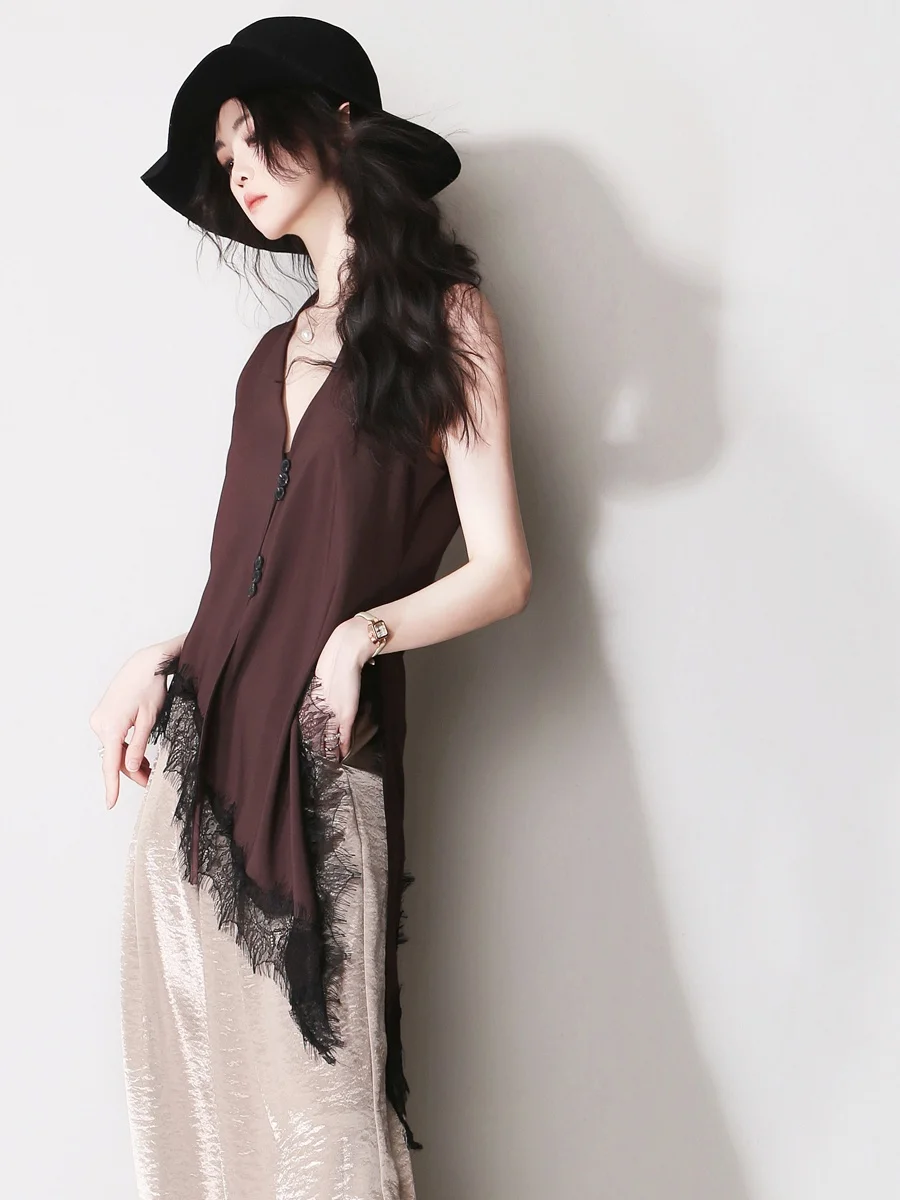 

Long Lace Splice Asymmetrical Vest F51 Side Slit Loose Slimming Base Layer T-Shirt Women's Summer Fashion No Sleeve Zipper