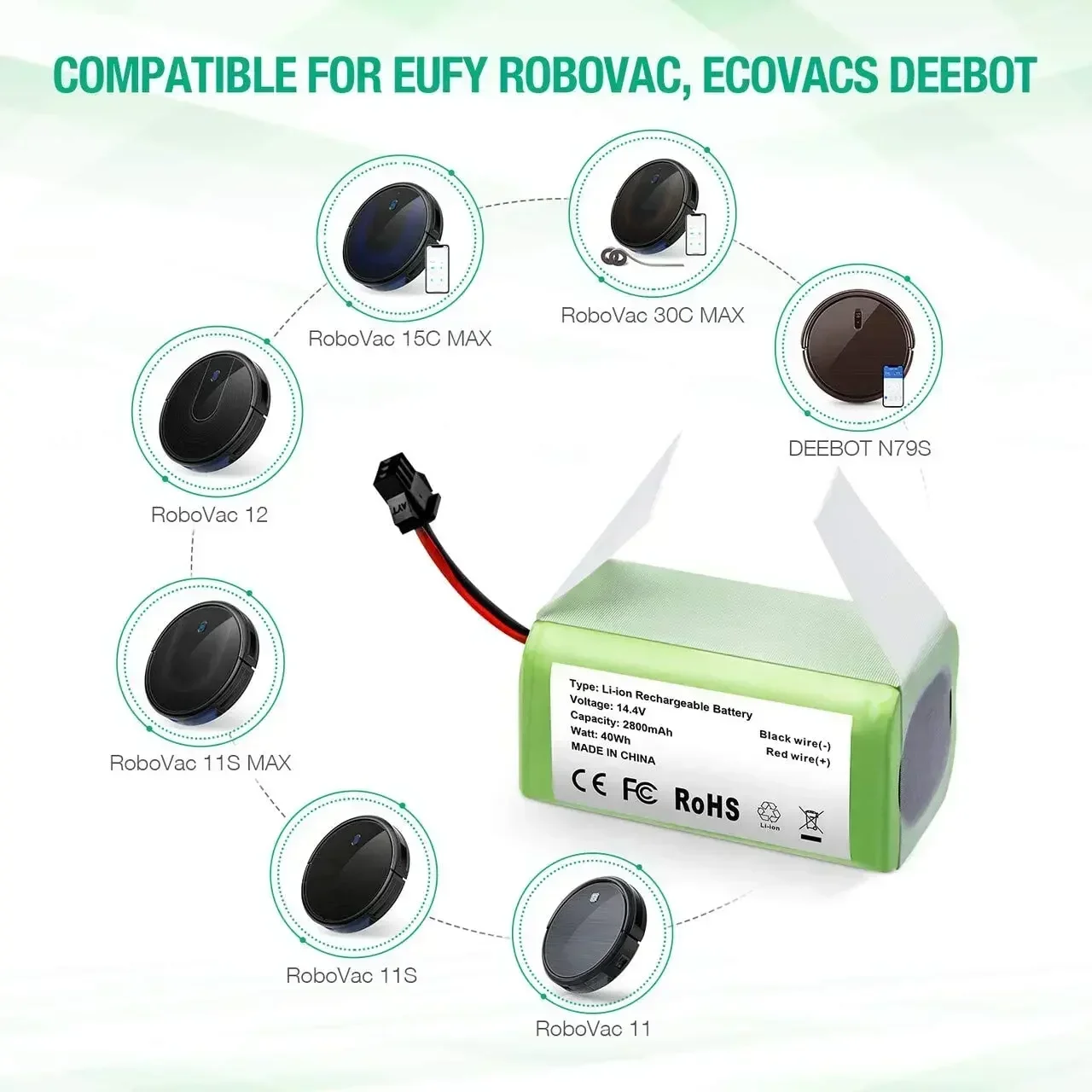 Batería de repuesto de 14,4 v 2800 mAh compatible con Ecovacs Deebot N79 n79S DN622 y Eufy RoboVac 11,11S,12,15C,15T,35C,G10 Hybrid
