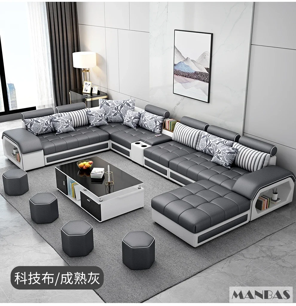 N1 Fabric Sofa Set Furniture Living Room Sofa Set with USB and Chair/Large U-shaped Fabric Sofa for Home Furniture