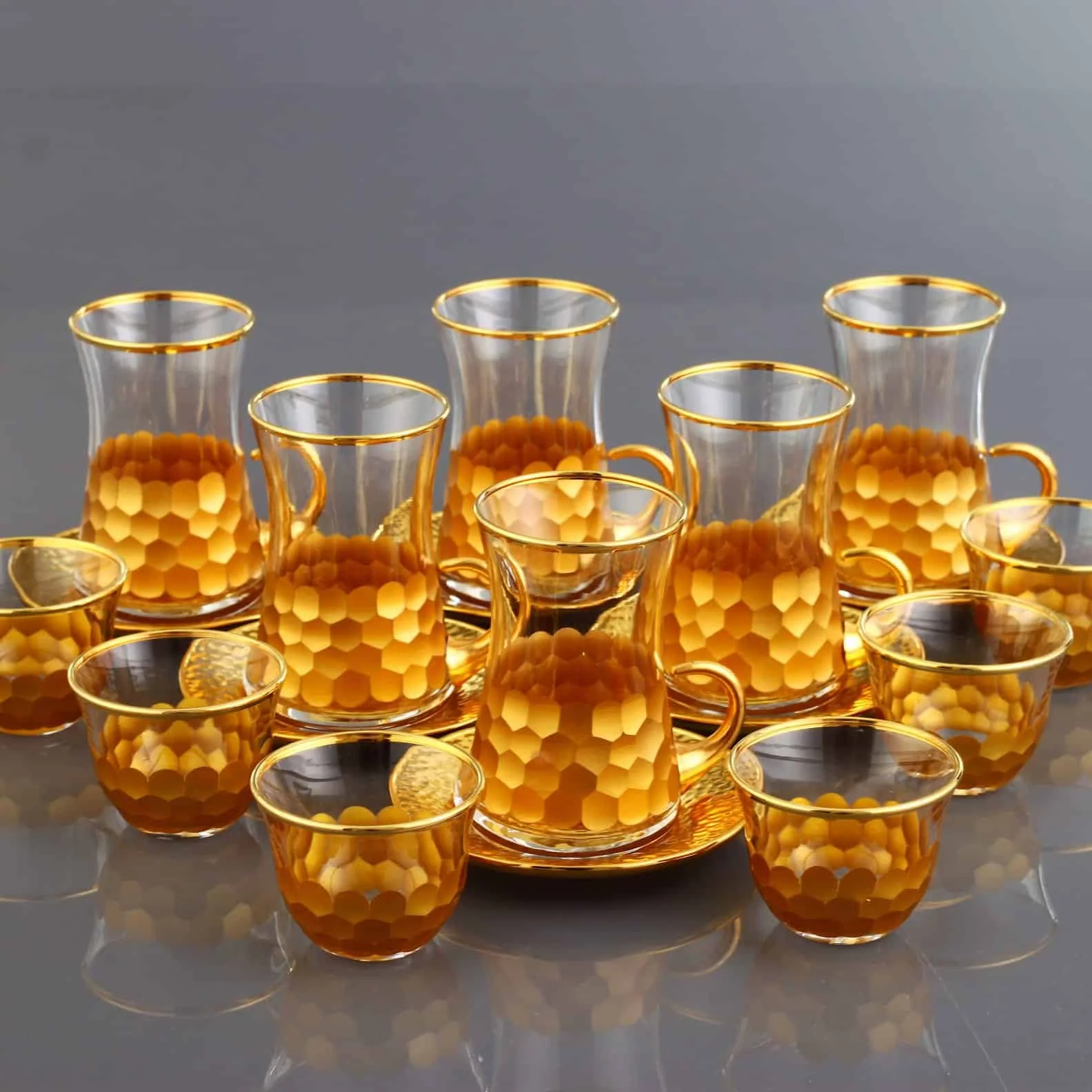 LaModaHome Turkish Arabic Tea Glasses Set of, Fancy Vintage Handmade Set for Serving, Teatime, new Home Wedding Gift 18 Pcs Luxury