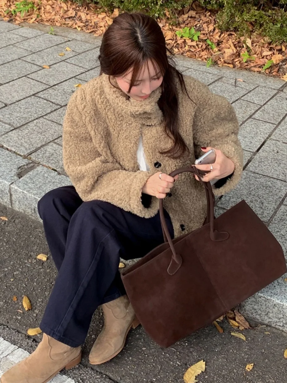 Coreano Sle Or Pelliccia di agnello Calore Capispalla Vestibilità ampia Colletto alla coreana Inverno da donna Nuovo bottone singolo Cappotto versatile