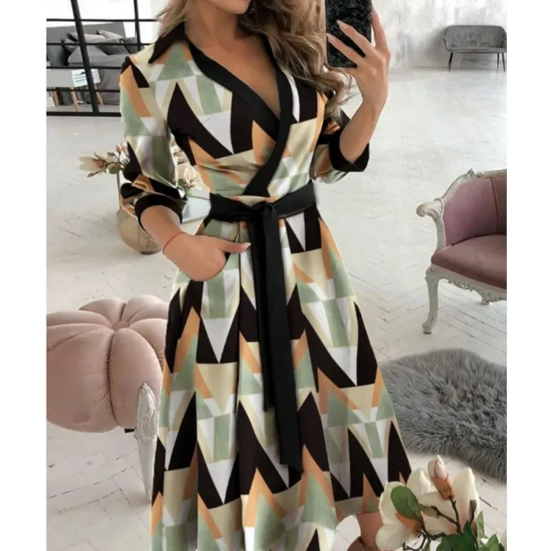 

aa Bear House 002 Office Women Casual Sashes A-Line Wrap Summer 2024Print Long Sleeve V-Neck Dress Pocket Elegant WAT99 ★ ★