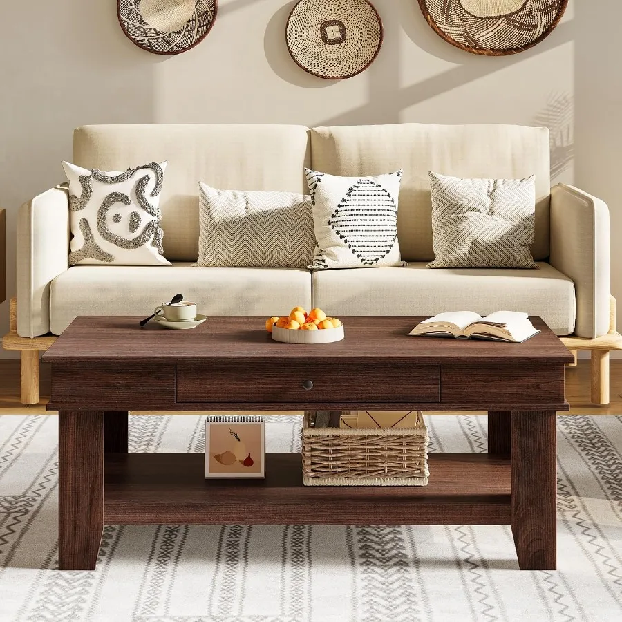 Rectangular Coffee Table for Living Room Use, Walnut Wood, Rustic Brown, Heavy-Duty Storage with Drawer and Open Shelf, Easy-Cl
