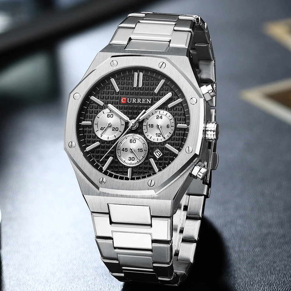 CURREN Watches for Mans Fashion Sports Waterproof Chronograph Octagonal Design Quartz luminous Wristwatches with Auto Date