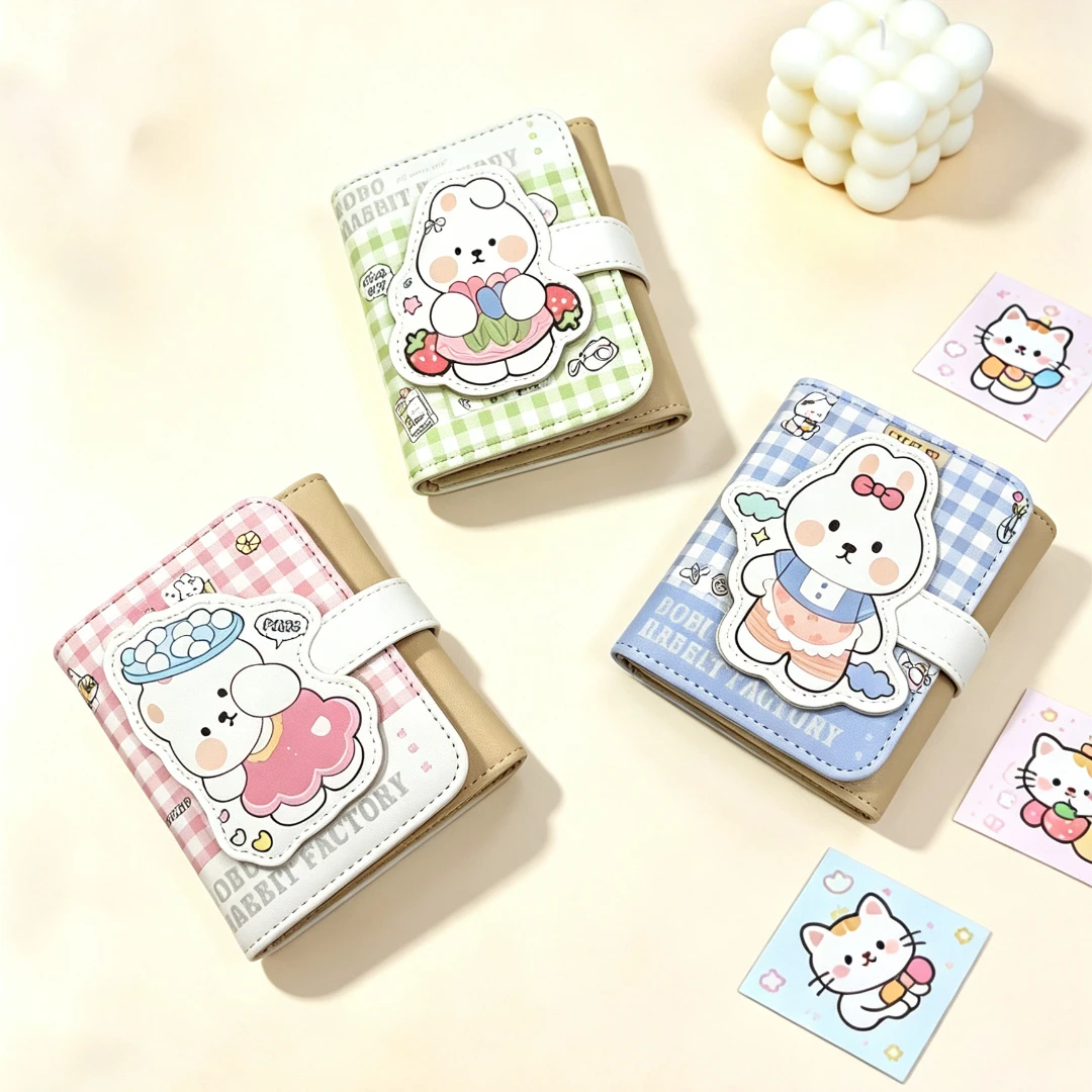 Tri-color plaid rabbit tri-fold wallet, multi-card with ID window & coin pocket, Japanese cute, portable gift for students.