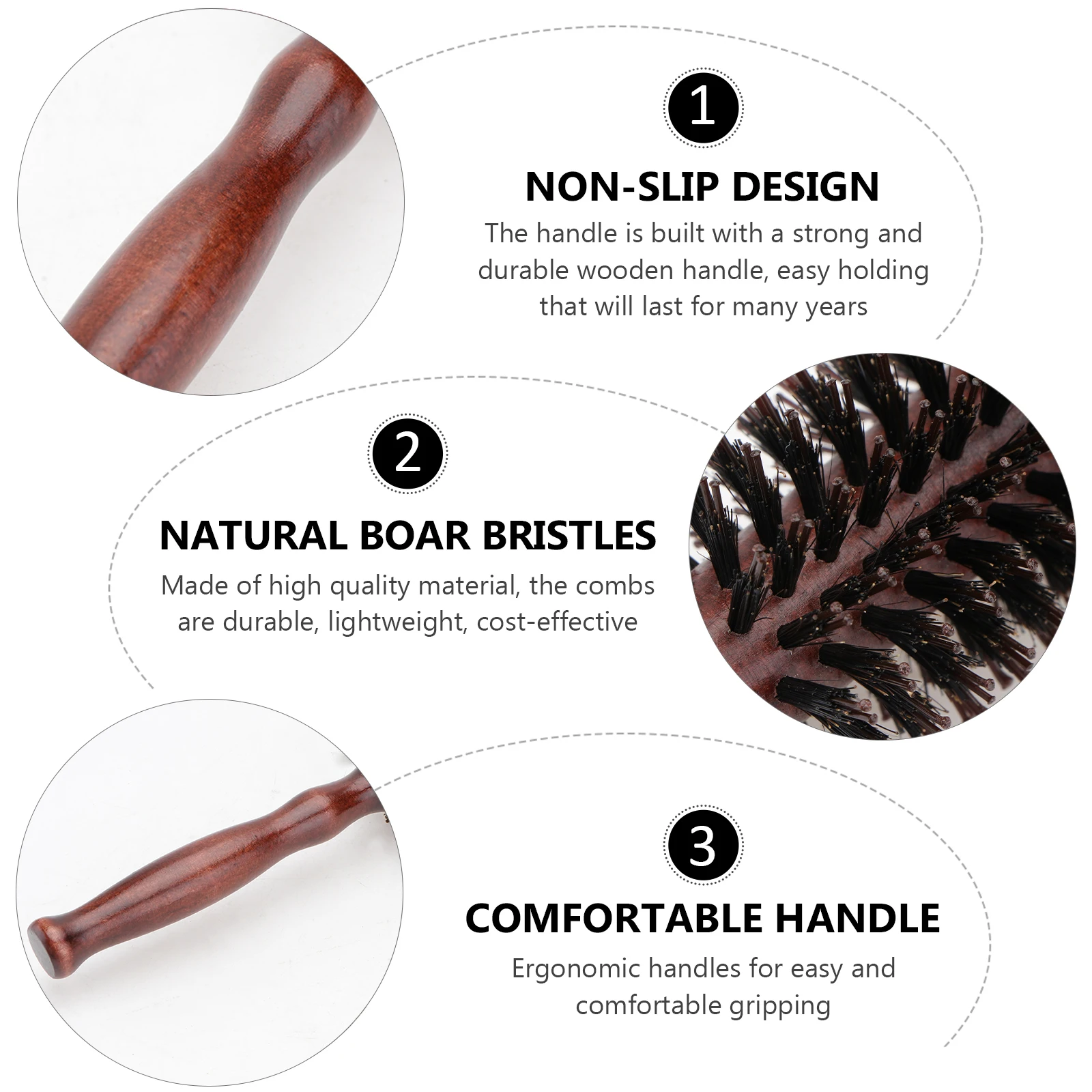

2pcs Natural Bristle Brush For Women Round Comb Brush Wooden Handle Shiny Silky Hair Daily Use Long Short Curly