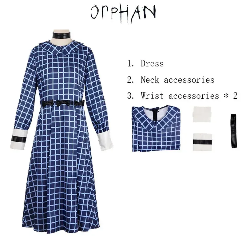 CyHorror Movie Orphan Esther Costume Cosplay Manica lunga Girocollo Abito scozzese con colletto Abiti da festa di Halloween per adulti