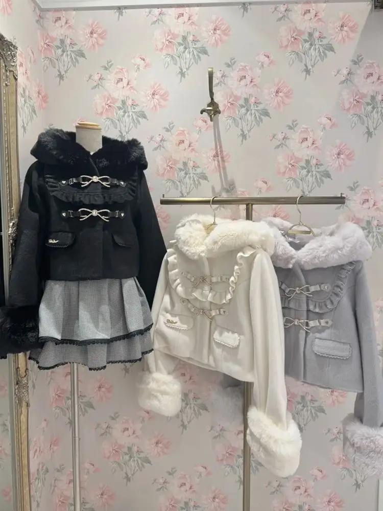 Japanese Gothic Lolita Style Furry Hooded Coat Harajuku Women Sweet Bow ​grunge Jackets Autumn Winter Y2k Aesthetic Ruffles Tops