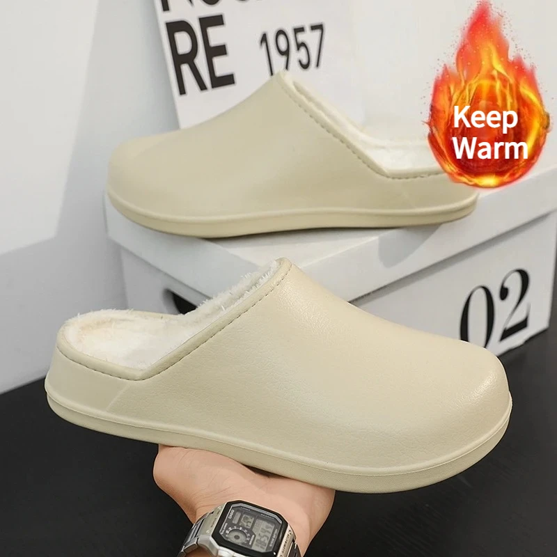 Winter EVA Men's Slippers Plush Warm Waterproof Oil-proof Men Chef Shoes Non-slip Kitchen Work Shoes Couple Home Soft Sole Shoes