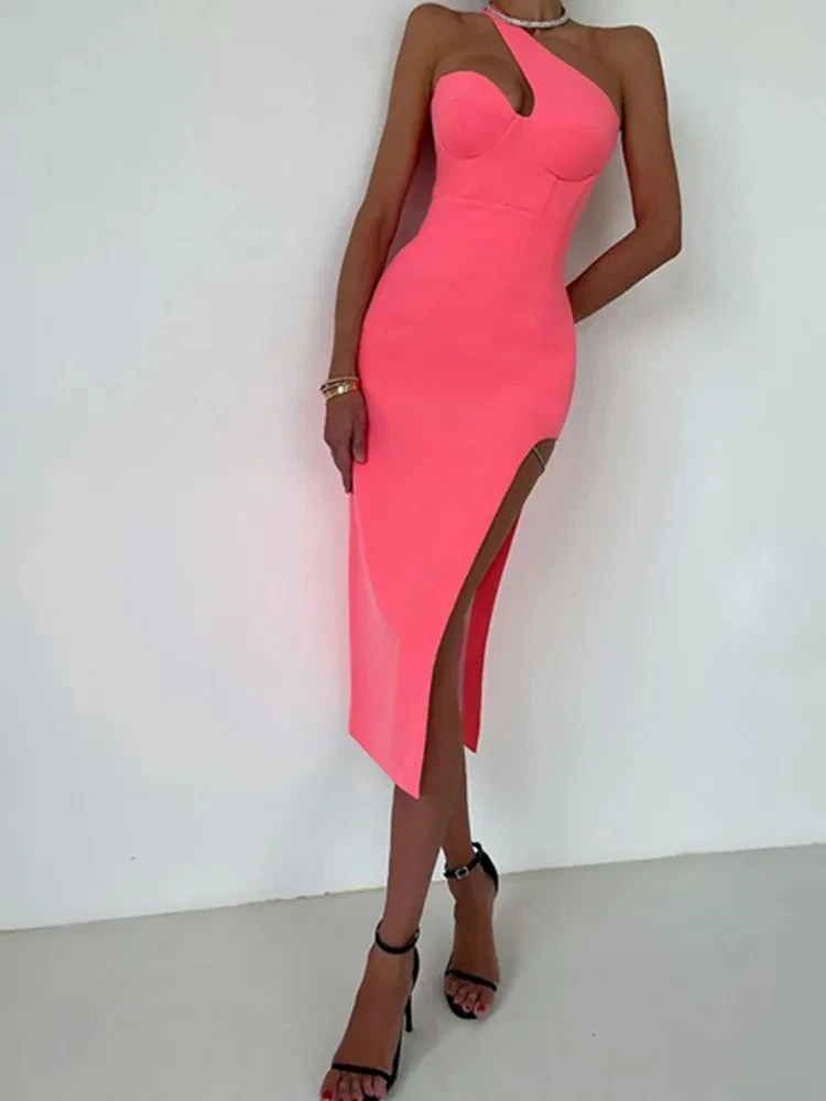 New Women Summer Sexy One Shoulder Crystal Diamonds Black Pink Midi Bodycon Bandage Prom Dress 2024 Elegant Evening Party Dress