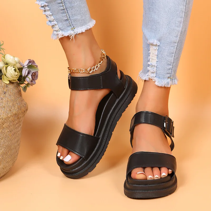 

Women's Leather Sandals One-word Belt Buckle Roman Shoes Ladies Open Toe Flat Sandal Shoes Beach Holiday Sandals Sandalias Mujer