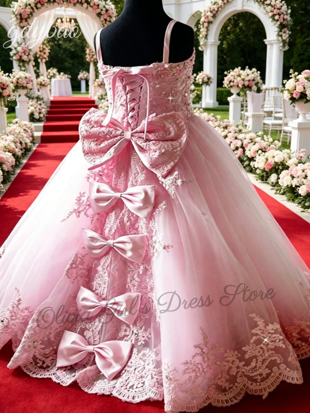 

Custom Luxurious Flower Girl Dress Floor Length Lace Applique Bow Wedding Children's Birthday Party Dress