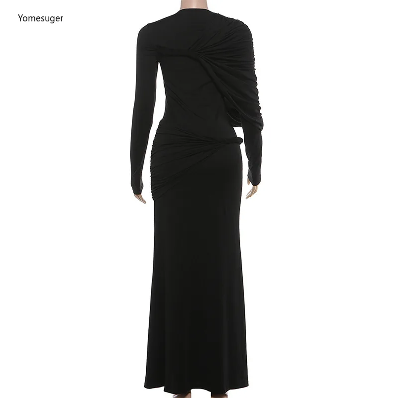 Yomesugar-Vestido largo de retales con pliegues irregulares para fiesta de año nuevo, ropa de discoteca, vestidos ceñidos elegantes de manga larga con cuello redondo 2026