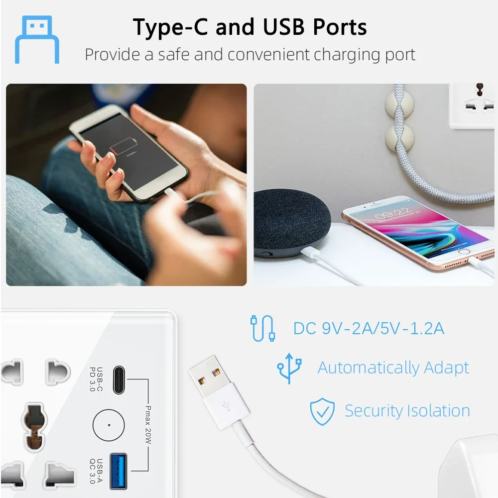 Tuya Wifi Smart Plug Socket Met Usb 20W Type-C Snellader Multifunctionele Muur Gemonteerde Voice Control Sockettouch Belangrijkste Swith