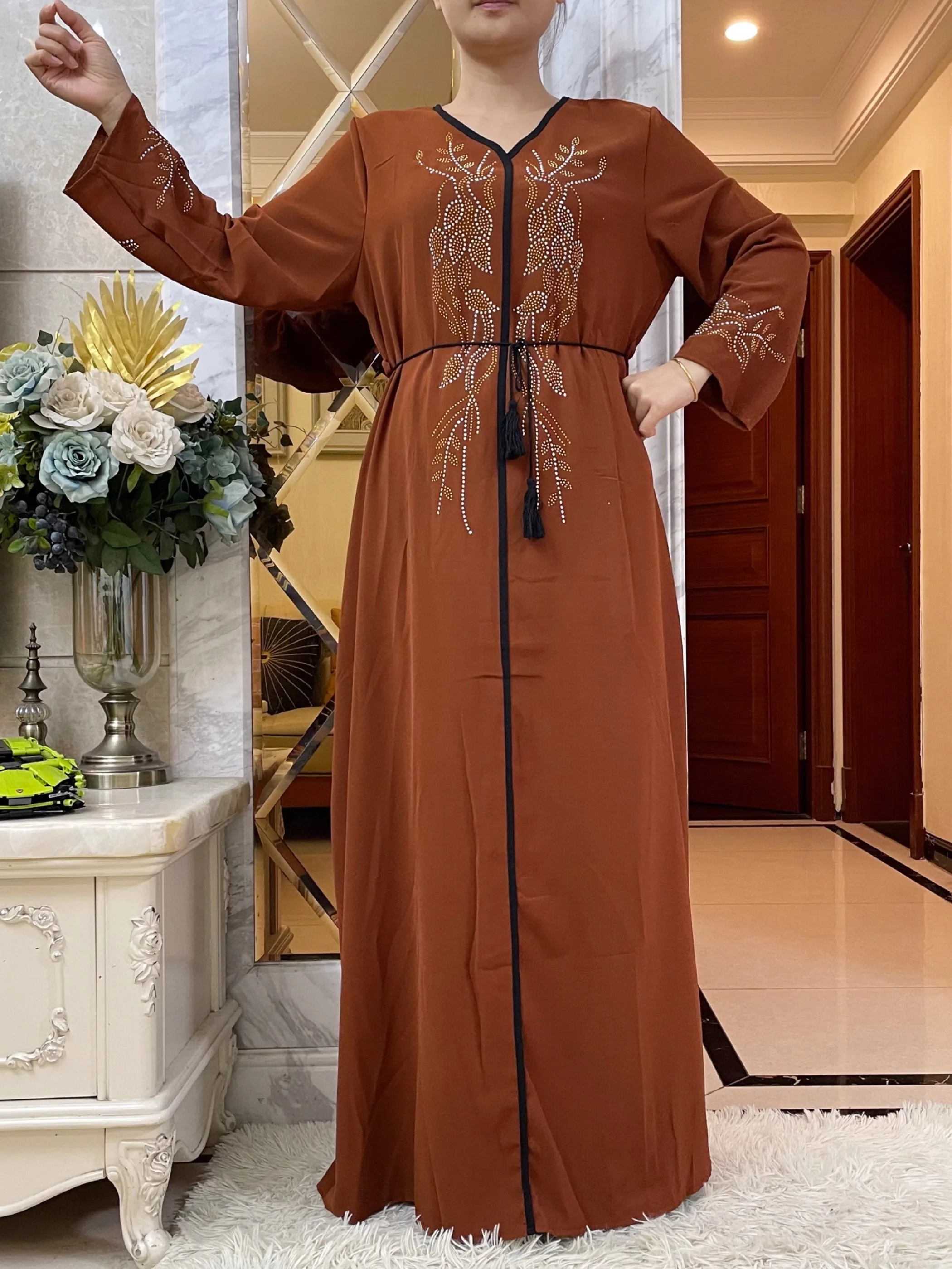 2024 For Women Elegant Dress Dubai Party Outfits Long Sleeved Chiffon Dashiki Muslim Women Robe Belt African Abaya Clothing