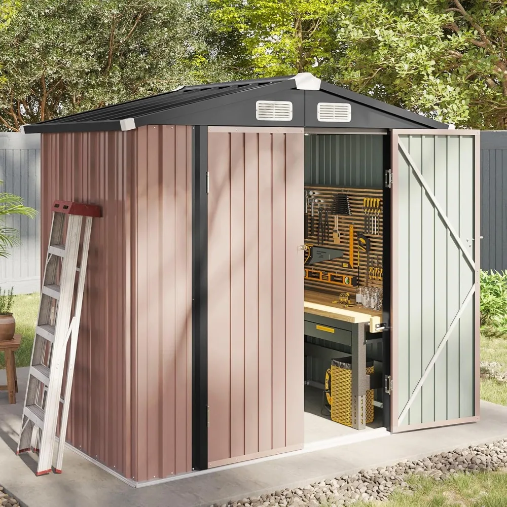 

6.2x4 FT Shed Outdoor Storage Shed with Lockable Doors & Slooping Roof Metal Garden Tool Shed for Backyard, Patio, Poolside (Br