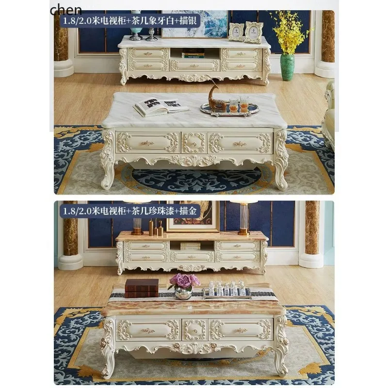 e-3  Marble TV Cabinet and Coffee Table Set Simple Solid Wood Furniture Floor Cabinet