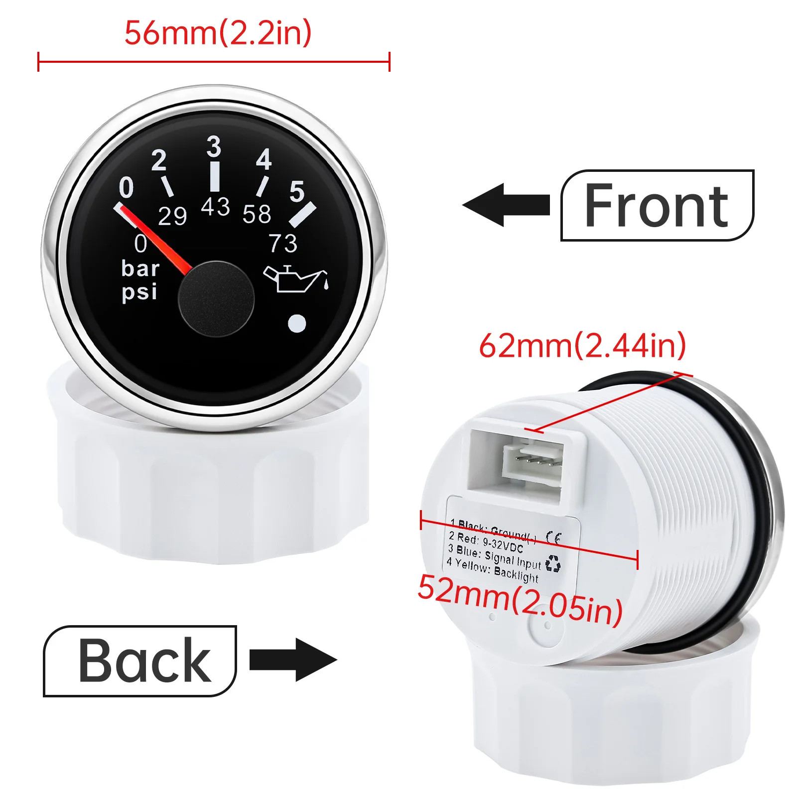 Medidor de presión de aceite, Sensor de presión de 52mm, 0-5bar, 0-10bar, psi, con alarma, luz roja para coche, barco, motocicleta marina, 12V, 24V
