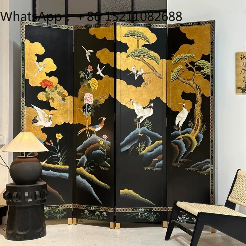 LLY pure hand-painted lacquer painting black background flower and bird screen partition entrance living room decoration