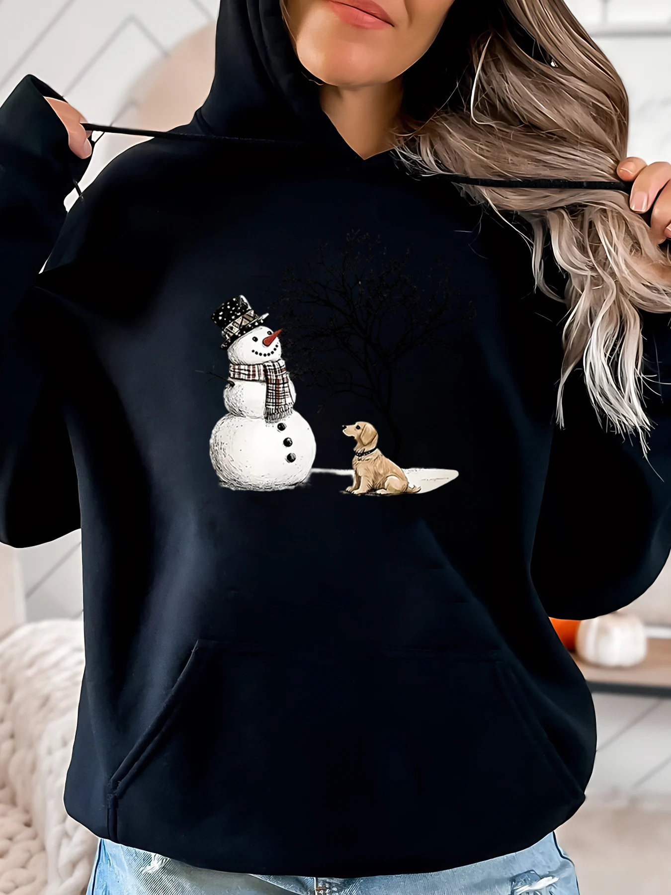 

Зимняя сцена со снеговиком и собакой, рождественская толстовка с капюшоном, женская повседневная одежда, праздничный наряд, черный, больших размеров