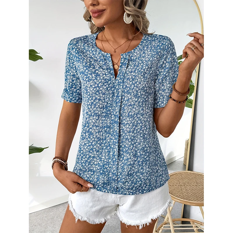 Women\'s Shirt V-neck small floral print Sweet small fresh short sleeve chiffon shirt top Breathable summer polyester casual nobl