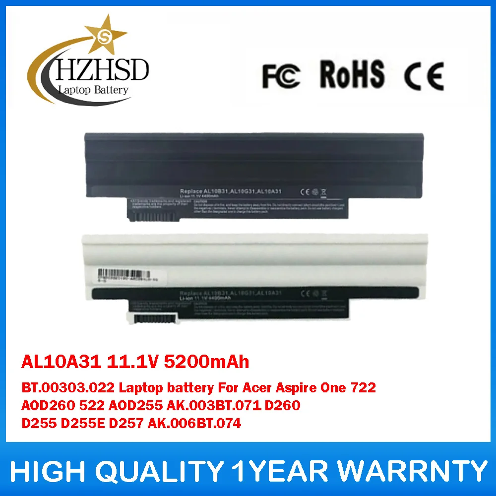 

AL10A31 11.1V 5200mAh BT.00303.022 Laptop Battery For Acer Aspire One 722 AOD260 522 AOD255 AK.003BT.071 D260 D255 D255E D257