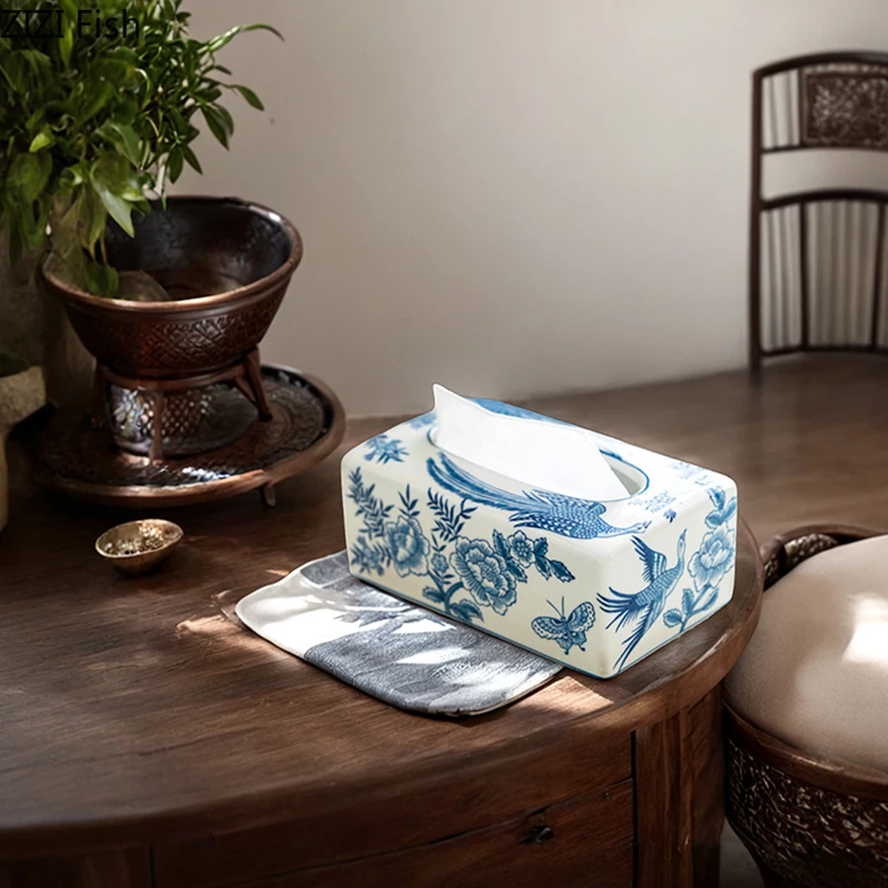 Niebiesko-białe porcelanowe pudełko na chusteczki Ceramiczne etui na ręczniki papierowe Stolik kawowy Uchwyt na serwetki na biurko Pudełka na